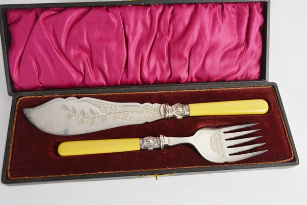 Antique Philip Ashberry & Sons Bakelite Handle, Silver Plated Fork and Knife Set