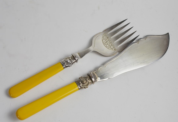 Antique Philip Ashberry & Sons Bakelite Handle, Silver Plated Fork and Knife Set