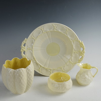 Vintage Belleek Porcelain Cake Plate, Vase, Cream and Sugar