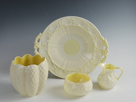 Vintage Belleek Porcelain Cake Plate, Vase, Cream and Sugar