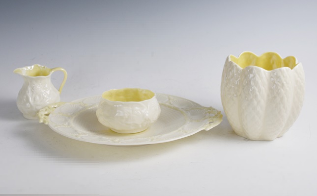 Vintage Belleek Porcelain Cake Plate, Vase, Cream and Sugar