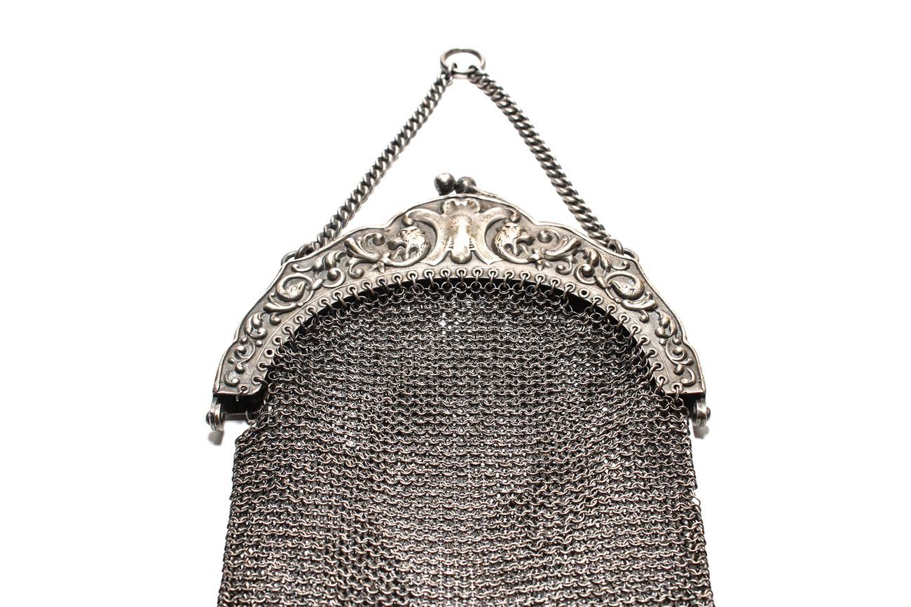 Victorian Chainmail Finger Ring Purse With Sterling Silver Frame