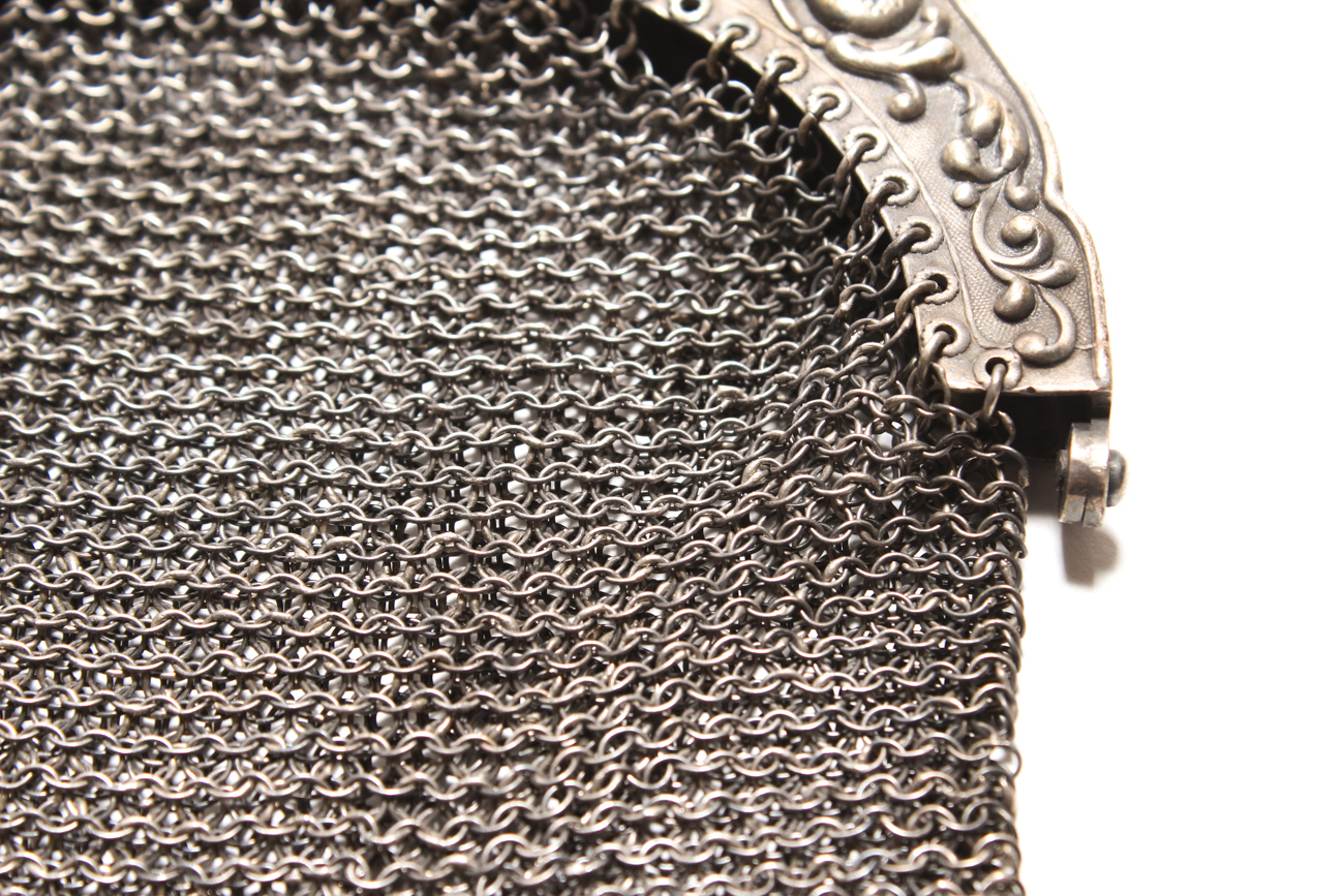 Victorian Chainmail Finger Ring Purse With Sterling Silver Frame