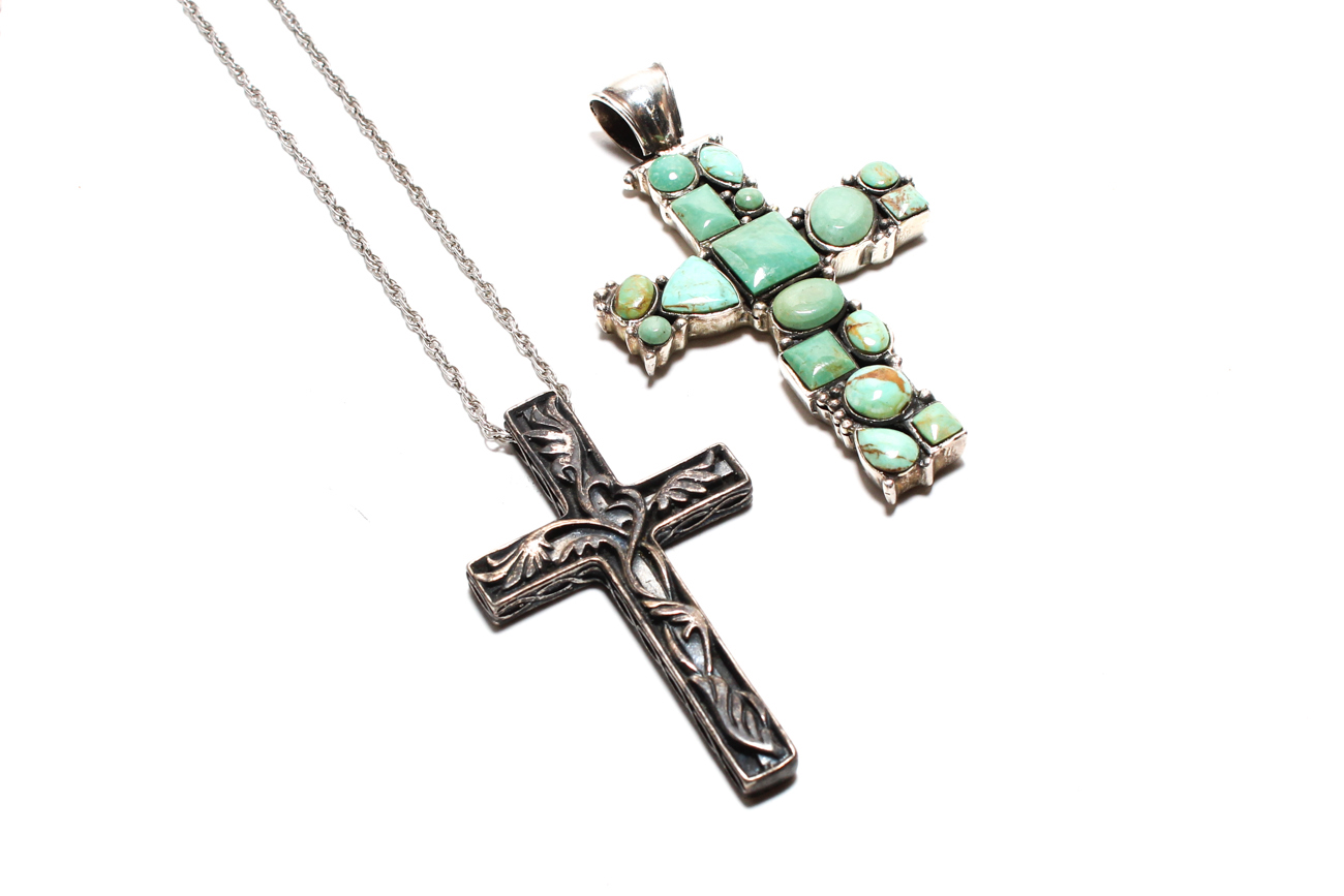 Pair Of Sterling Silver Cross Pendants Including One Sterling Silver Chain