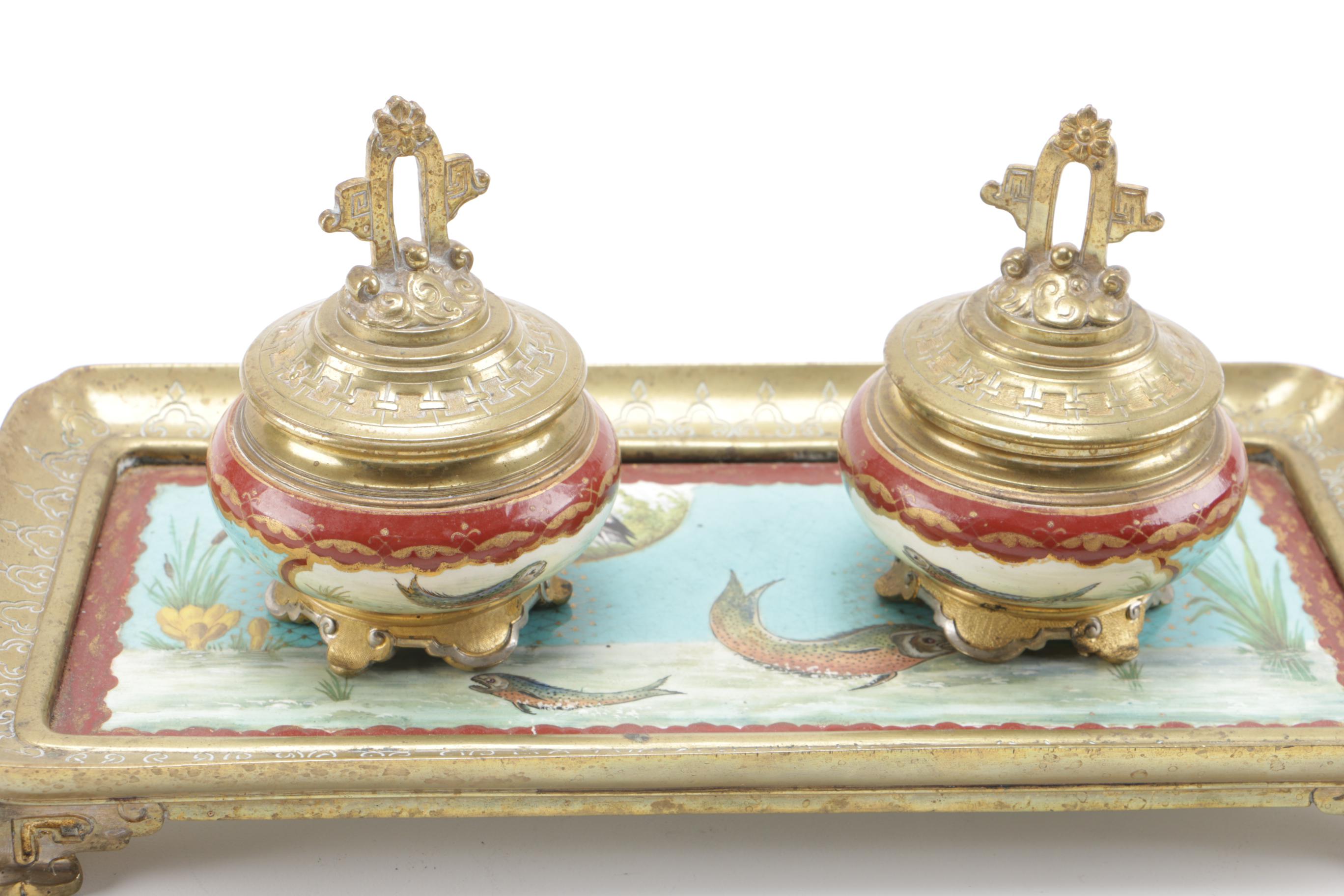 Asian-Inspired Brass and Ceramic Ink Tray
