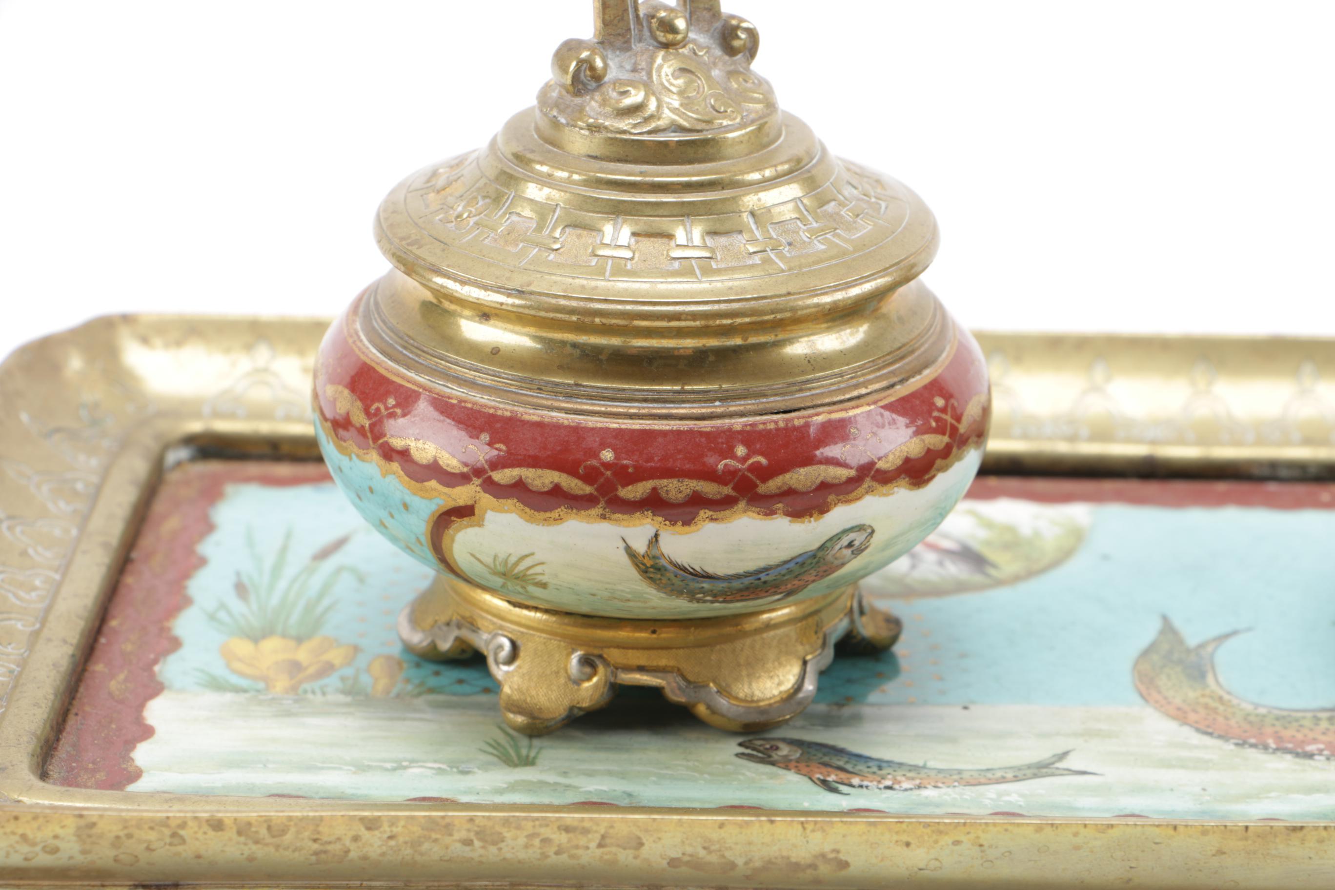 Asian-Inspired Brass and Ceramic Ink Tray
