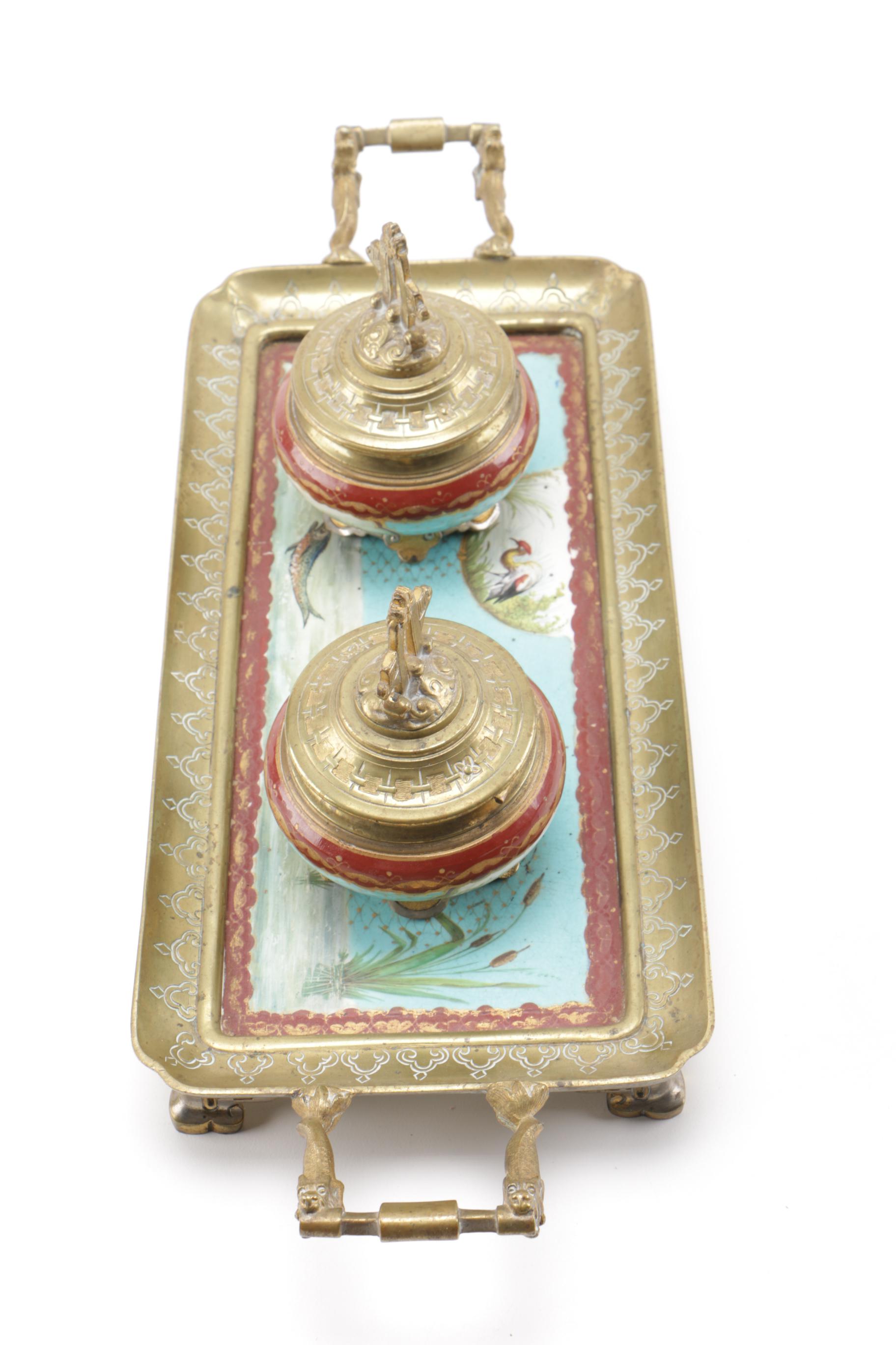 Asian-Inspired Brass and Ceramic Ink Tray