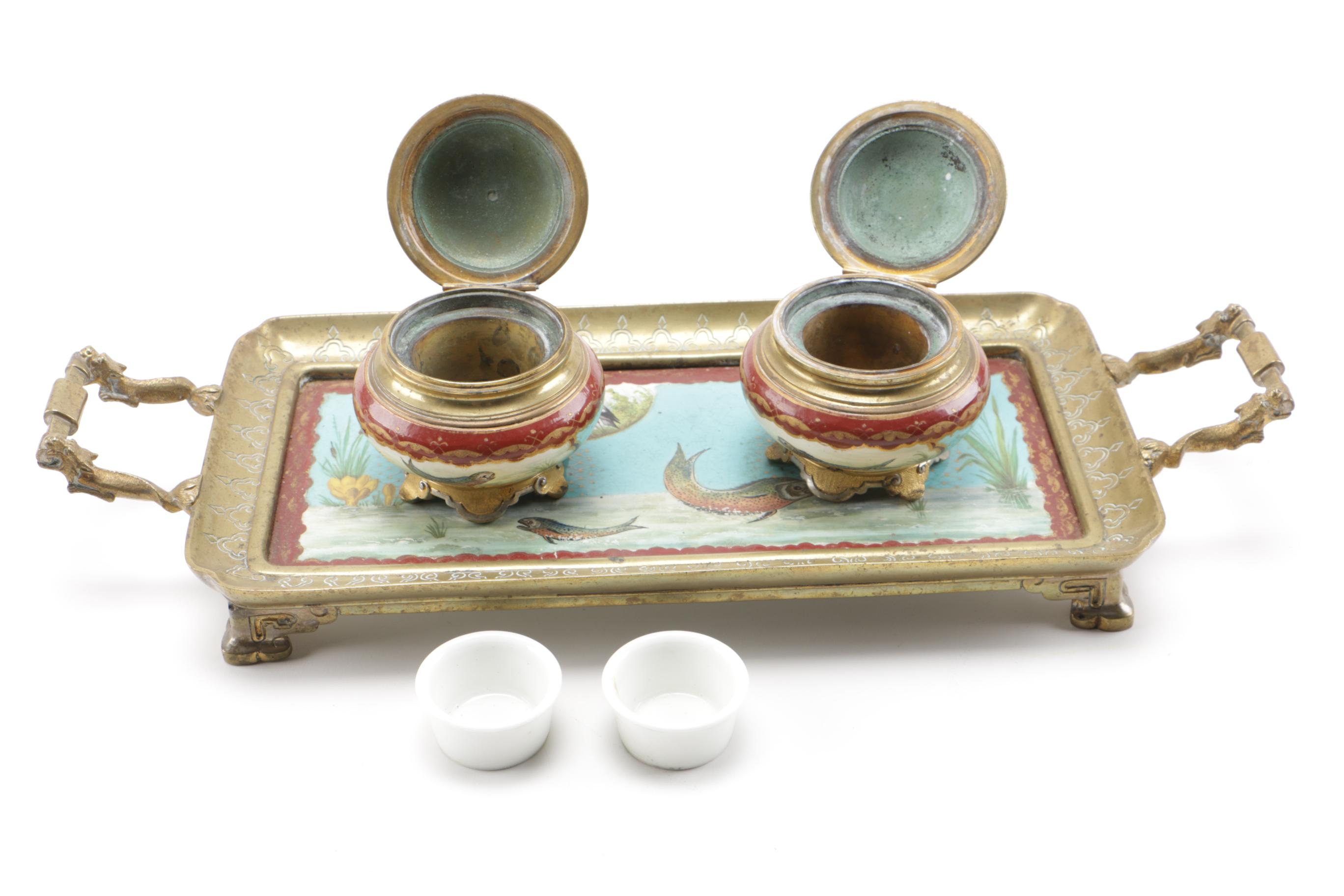 Asian-Inspired Brass and Ceramic Ink Tray