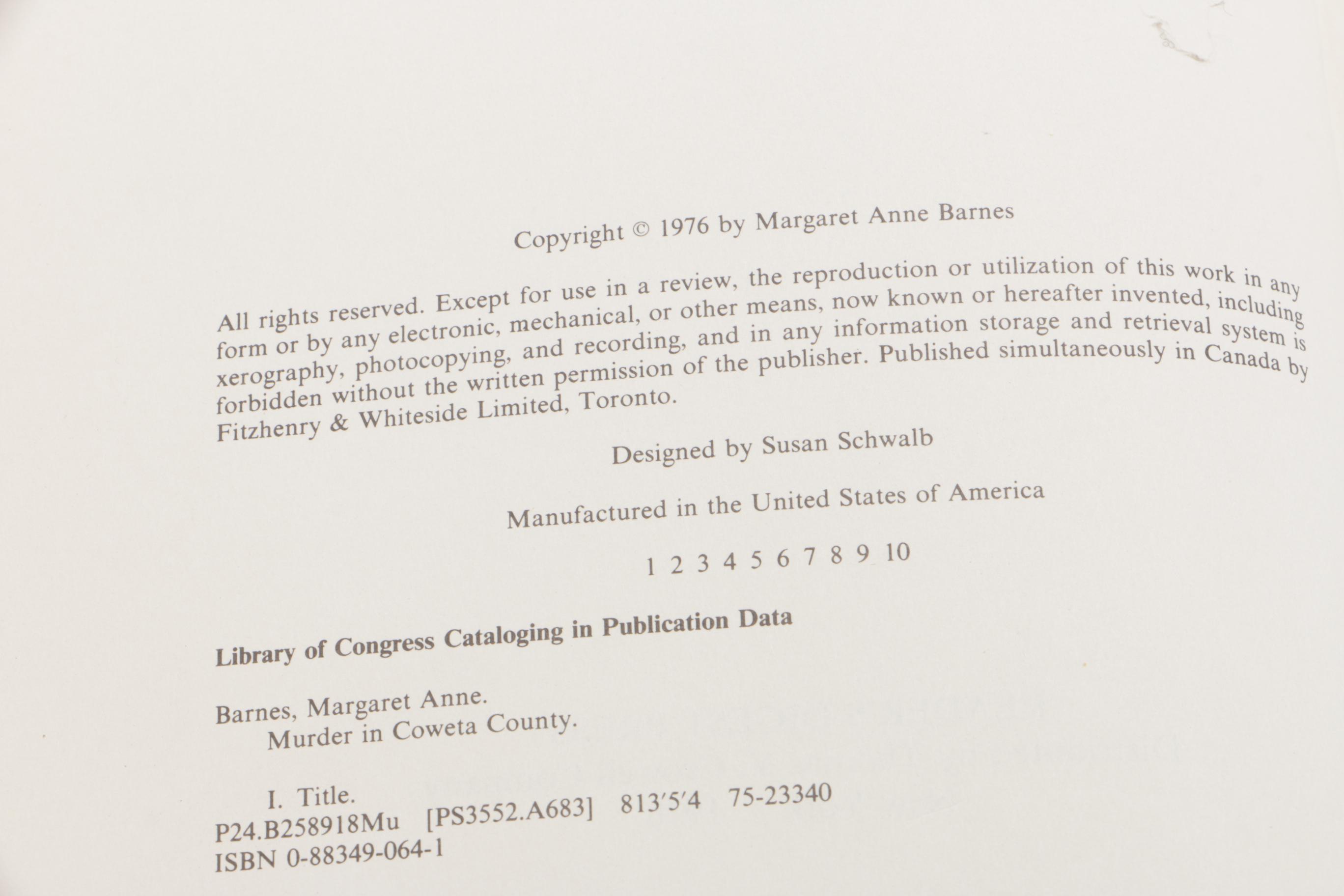 1976 Signed "Murder In Coweta County" by Margaret Anne Barnes