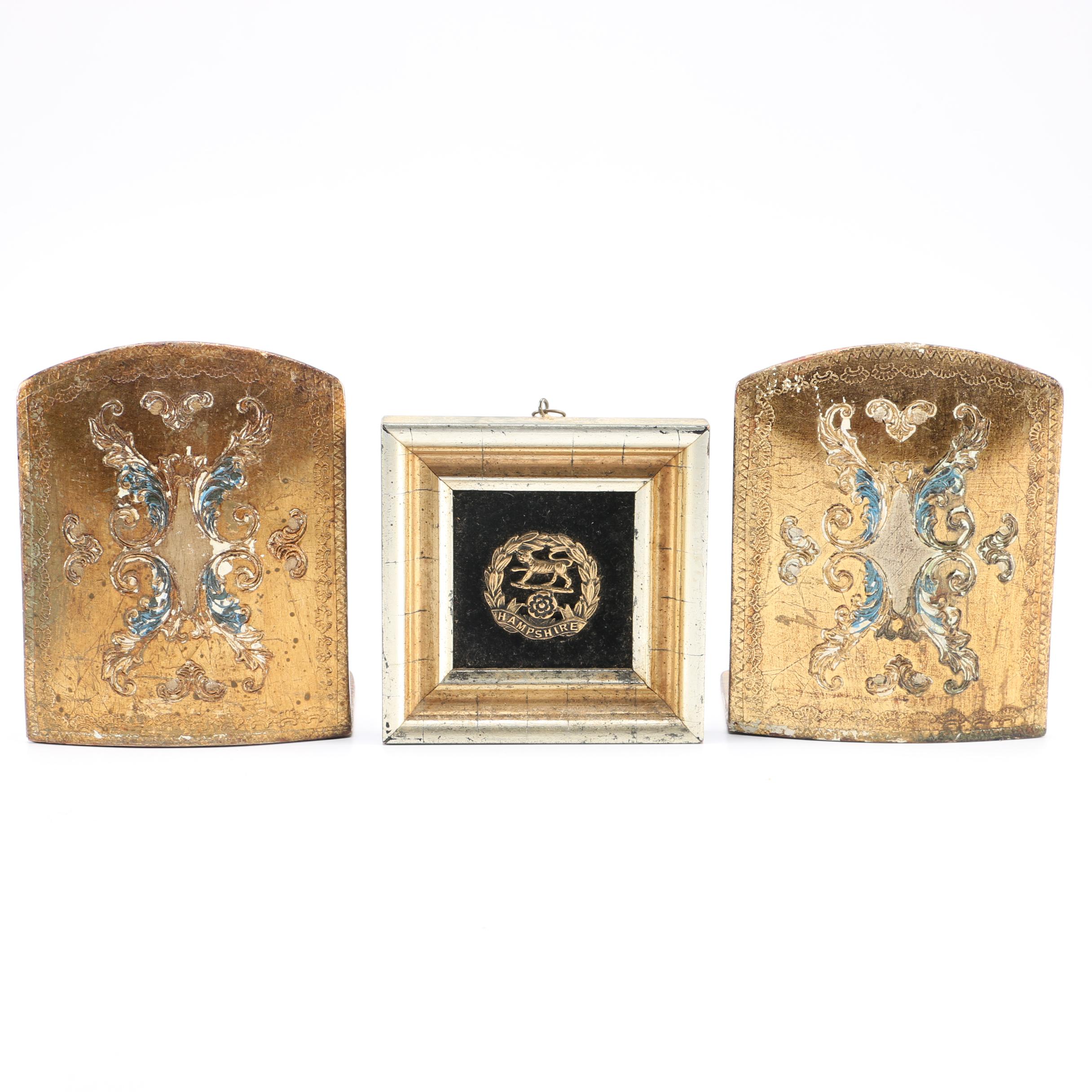 Italian Gilded Bookends and Framed Velvet Hampshire Decor