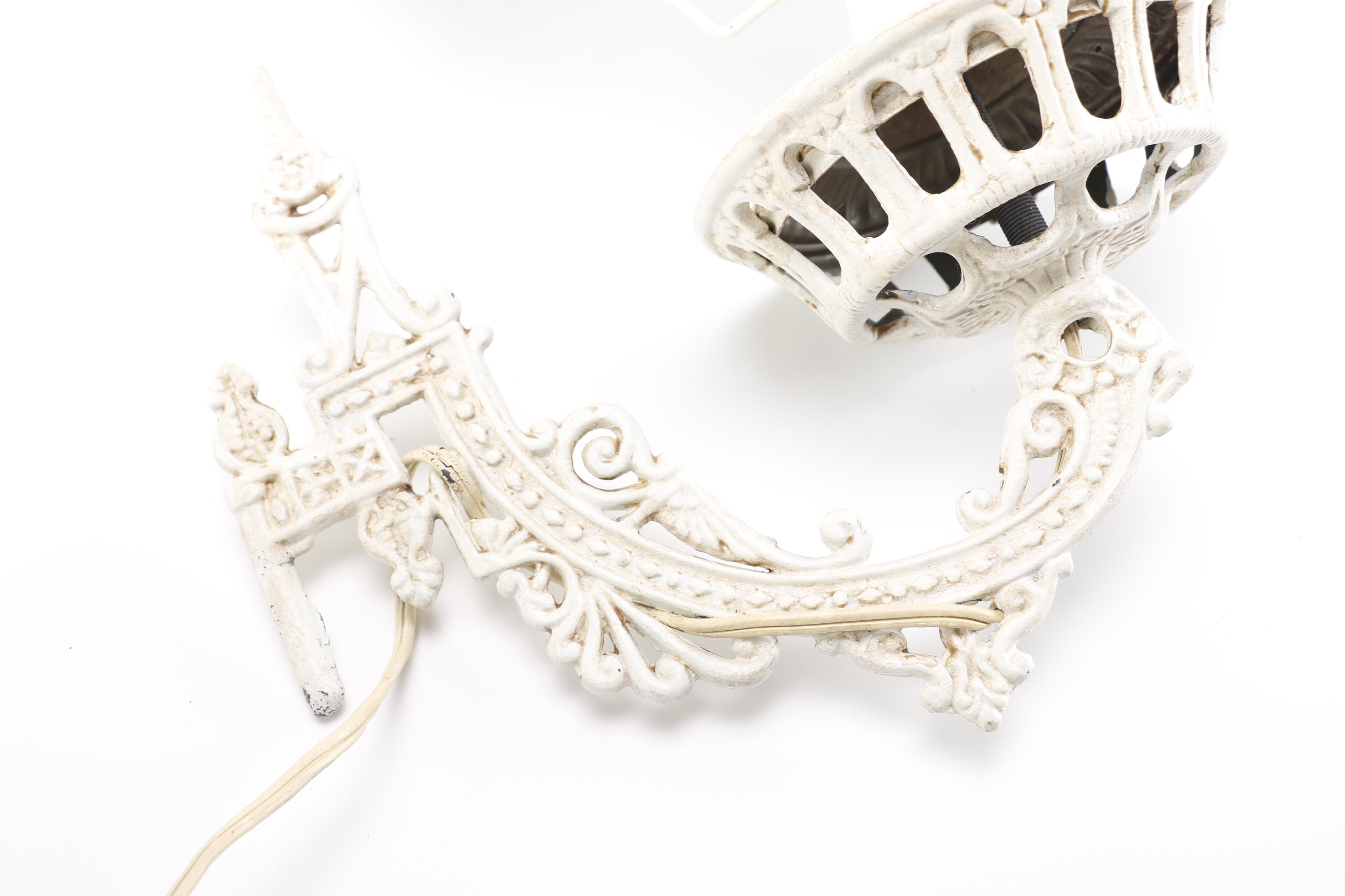 Converted Oil Lamp Cast Metal Sconce with Green Shade