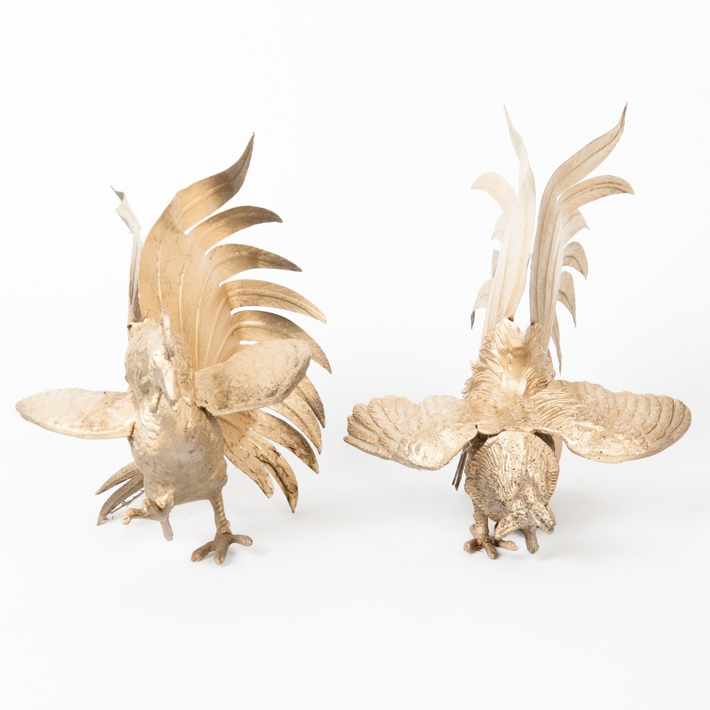 Pair of Vintage Gilded Brass Roosters