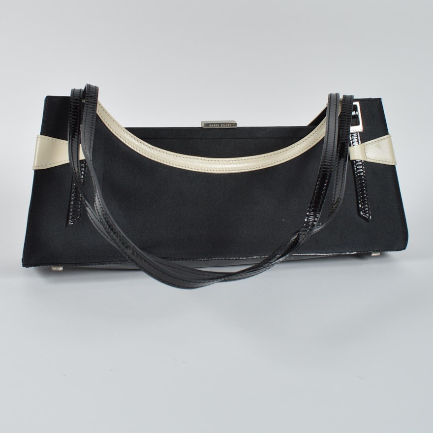 Vintage Karen Miller Black Matte Satin and Cream Leather Handbag