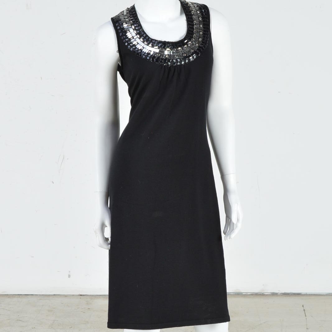 Tory Burch Black Wool Knit Dress with Embellished Neckline