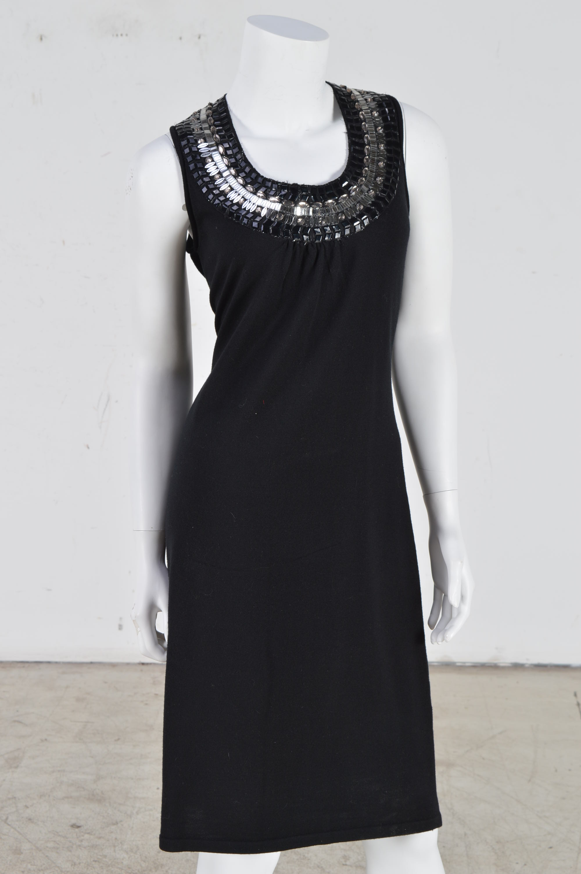 Tory Burch Black Wool Knit Dress with Embellished Neckline