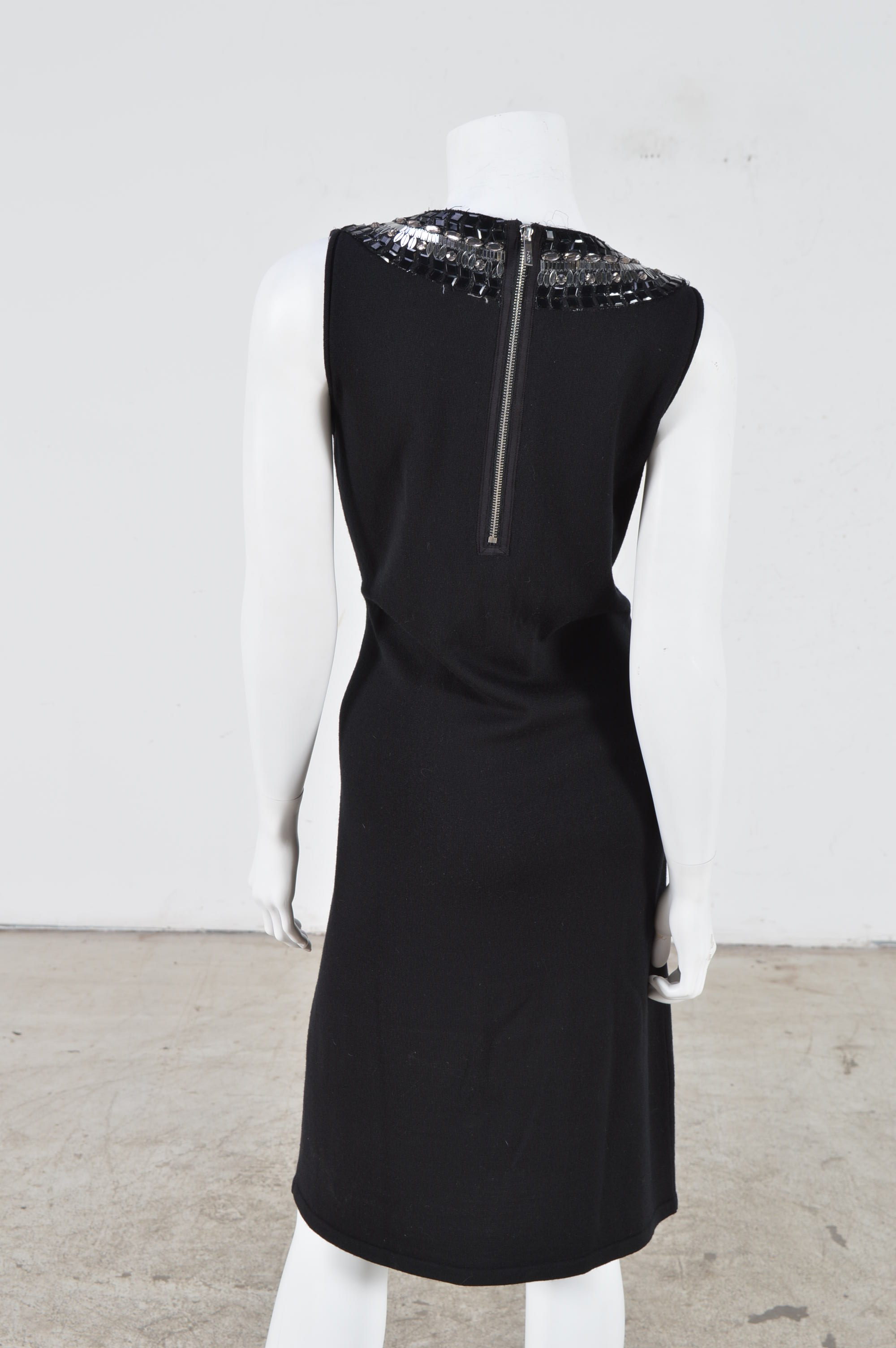 Tory Burch Black Wool Knit Dress with Embellished Neckline