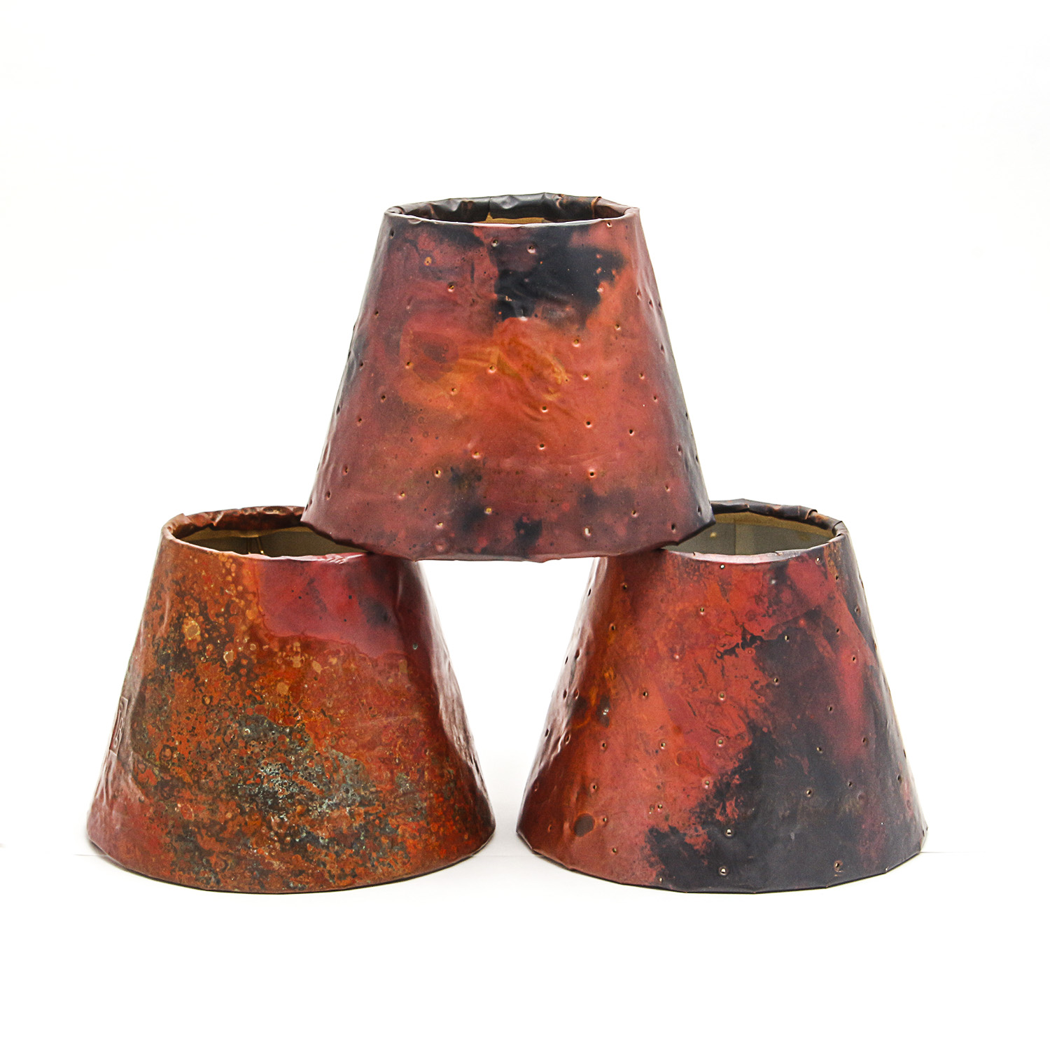 Set of Three Signed Hand Made Copper Lamp Shades