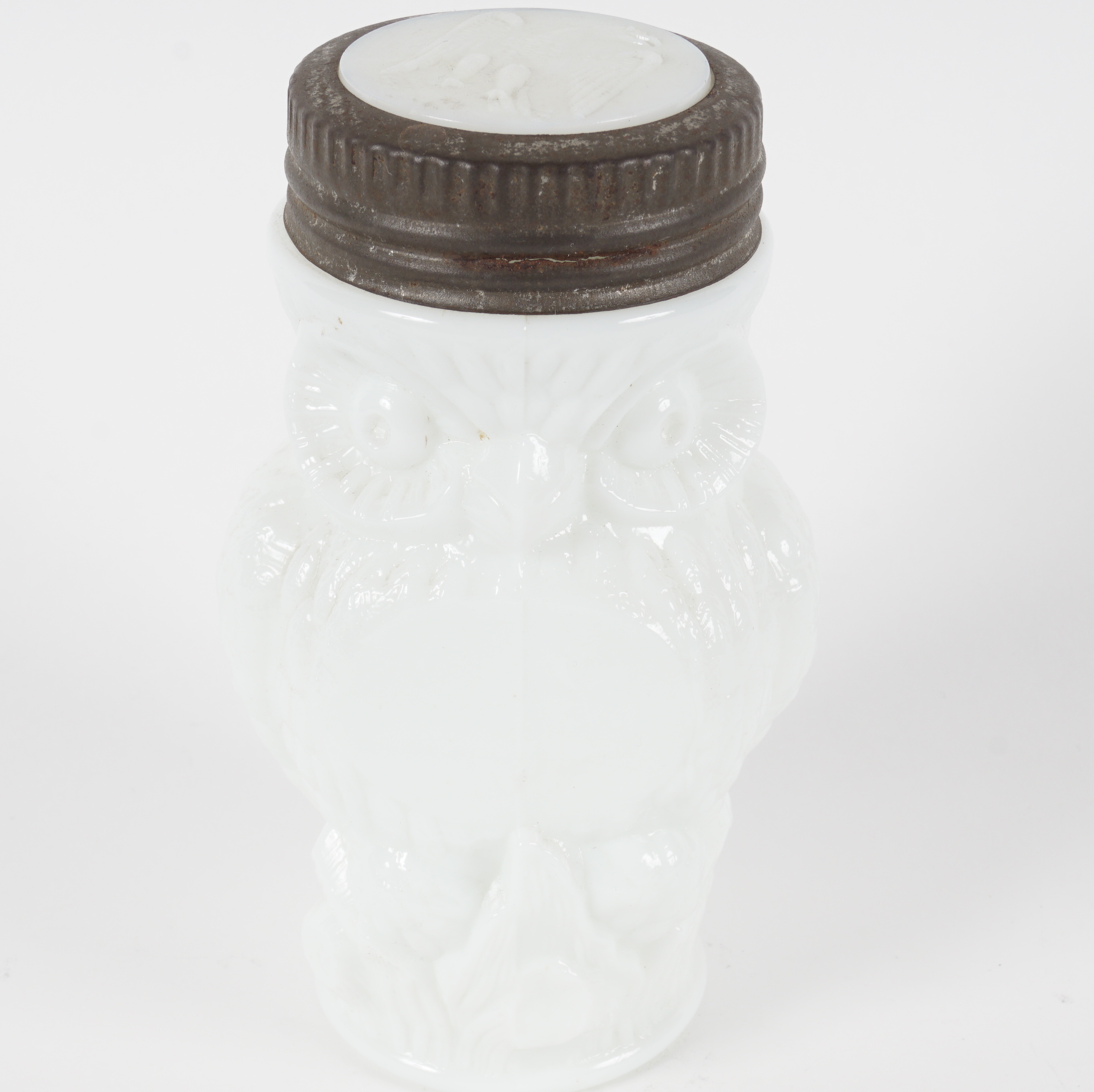 Antique Owl Shaped Milk Glass Mustard Jar