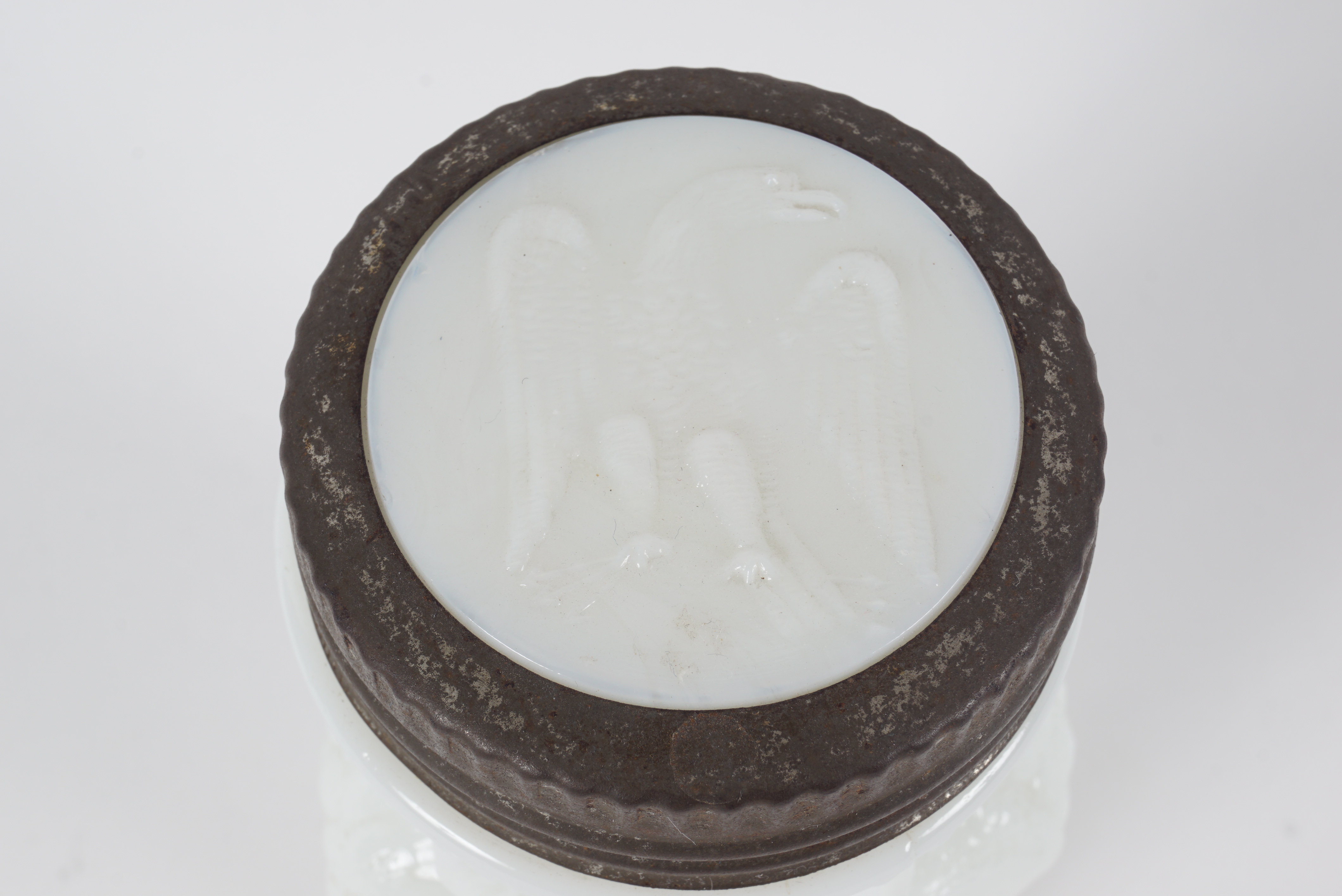 Antique Owl Shaped Milk Glass Mustard Jar