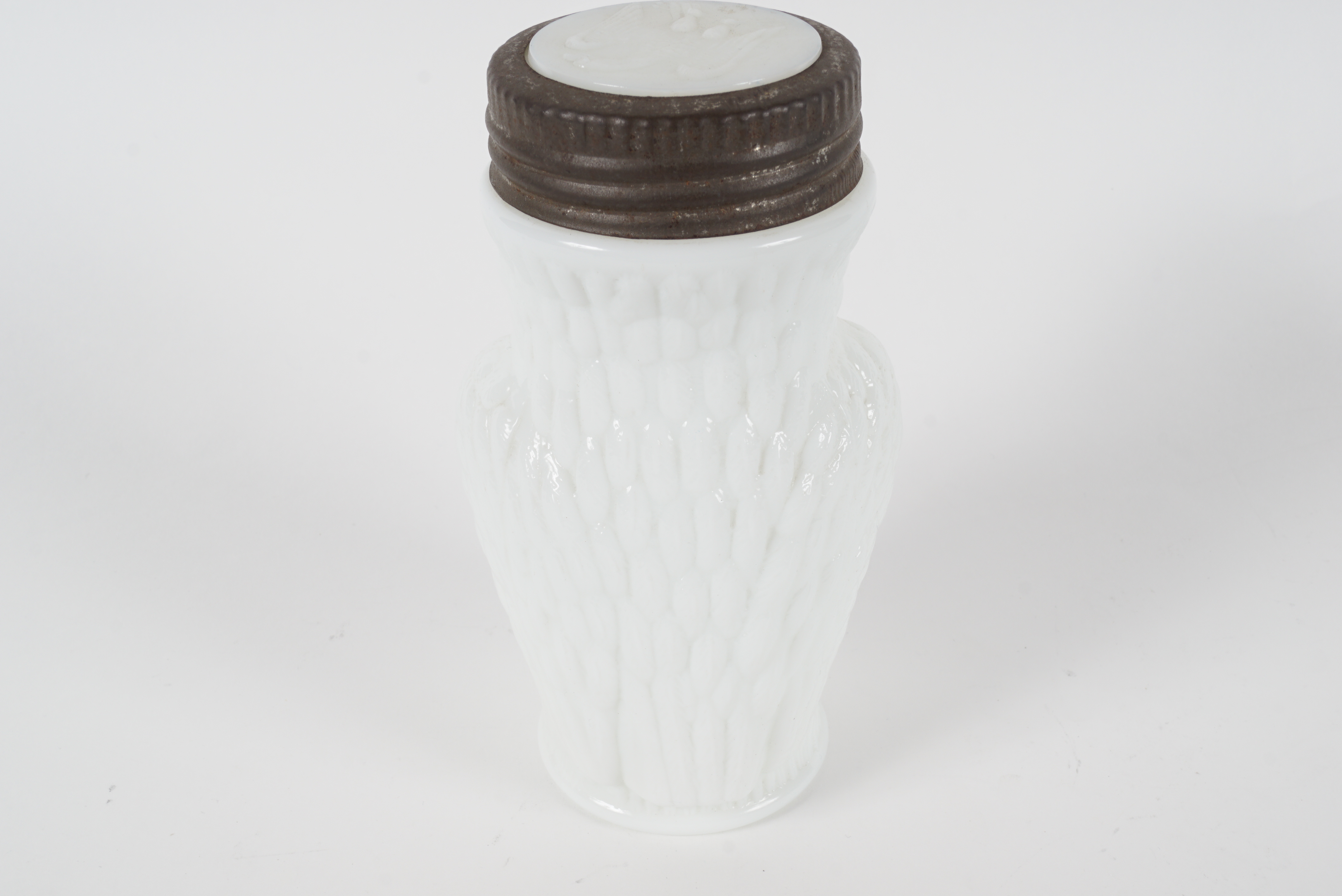 Antique Owl Shaped Milk Glass Mustard Jar