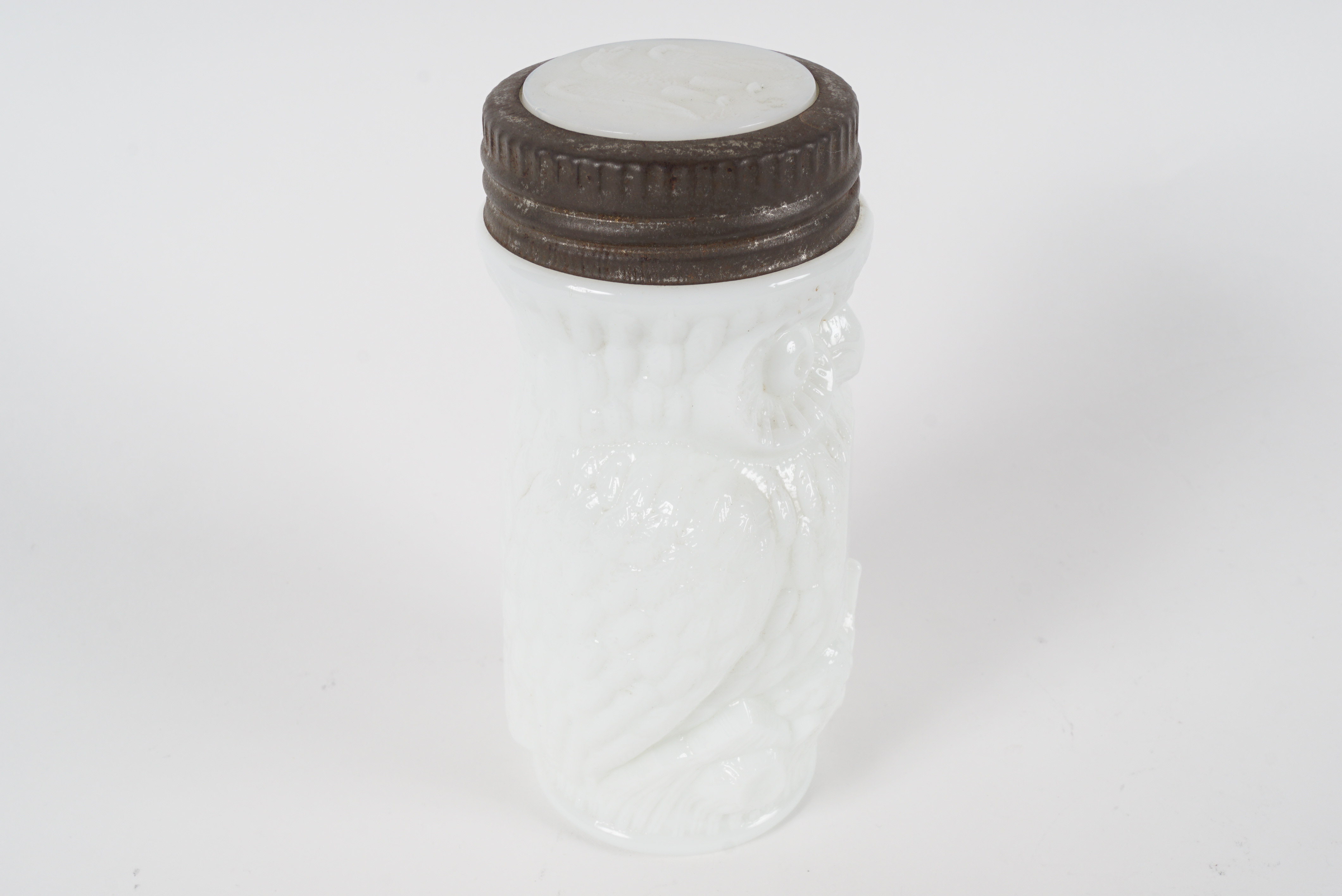 Antique Owl Shaped Milk Glass Mustard Jar