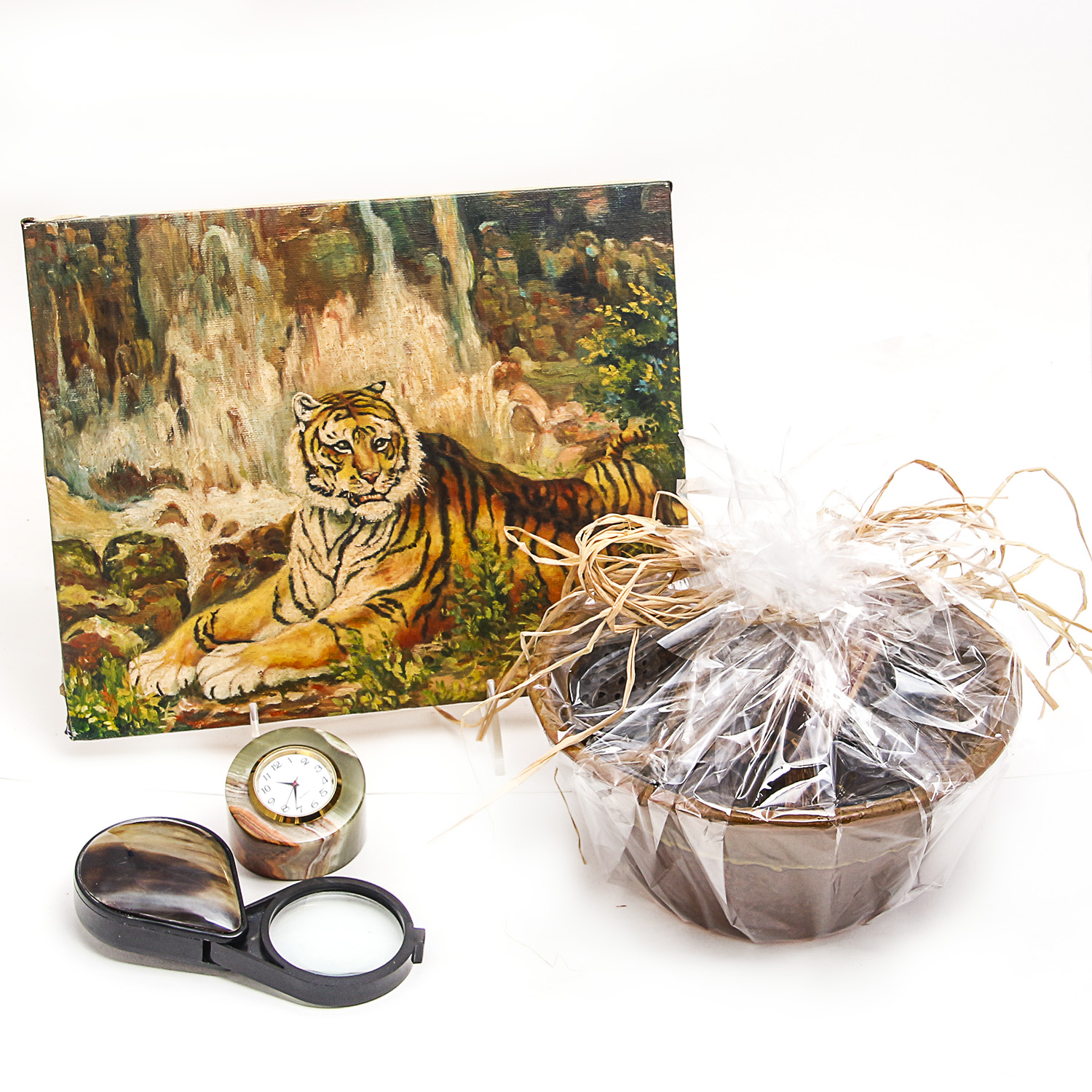 Collection of Home Decor including Original Tiger Oil Paintings and Onyx Table Clock