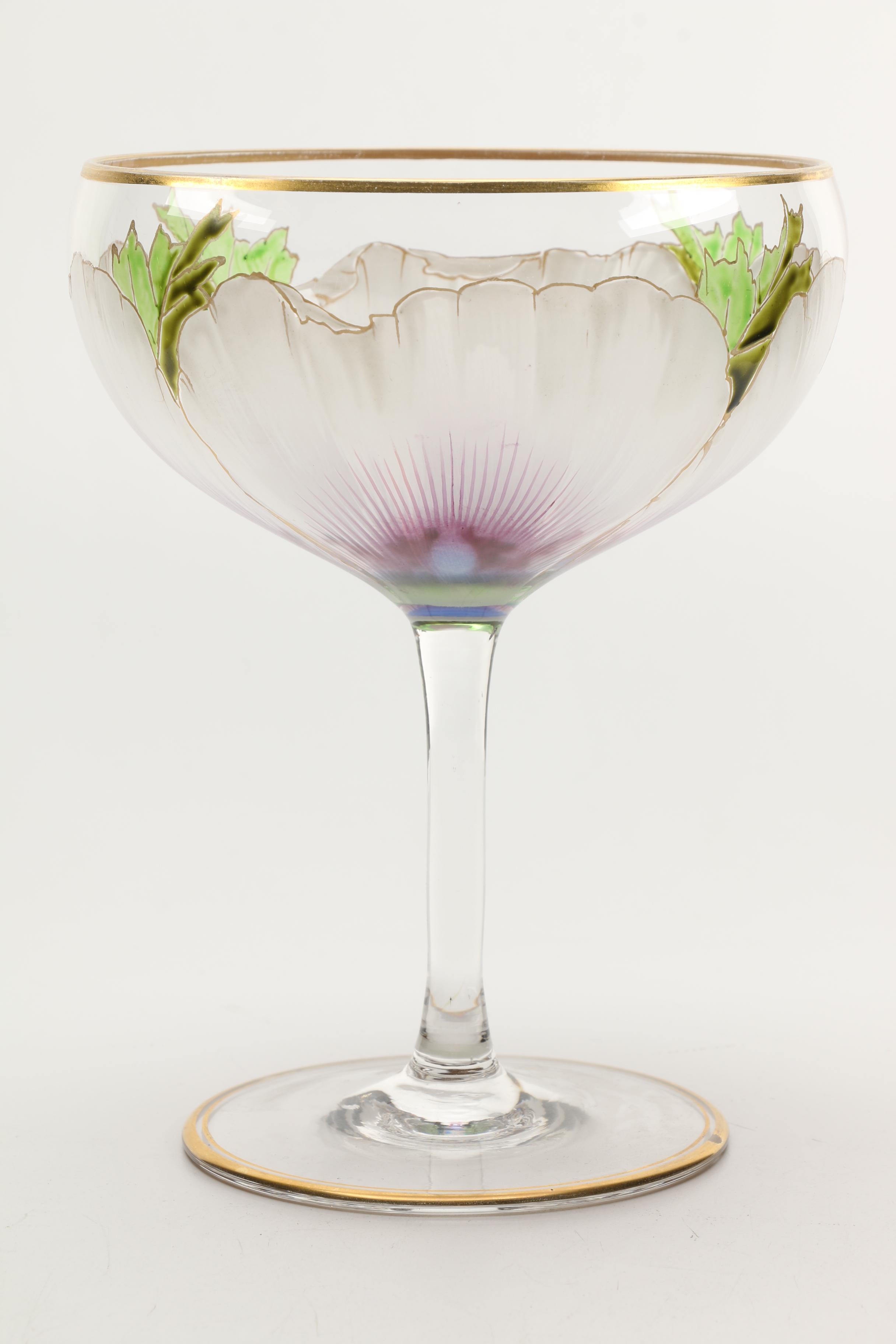 Antique Hand-Painted Shrimp Cocktail Glass Set