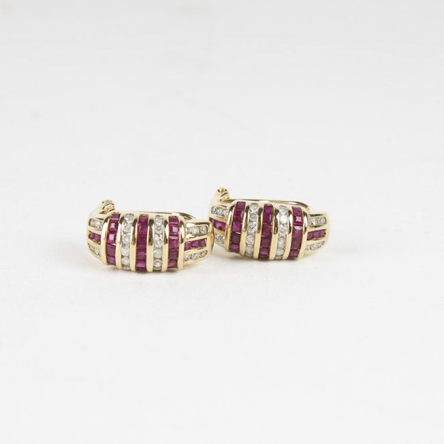 14K Yellow Gold Diamond and Ruby Earrings
