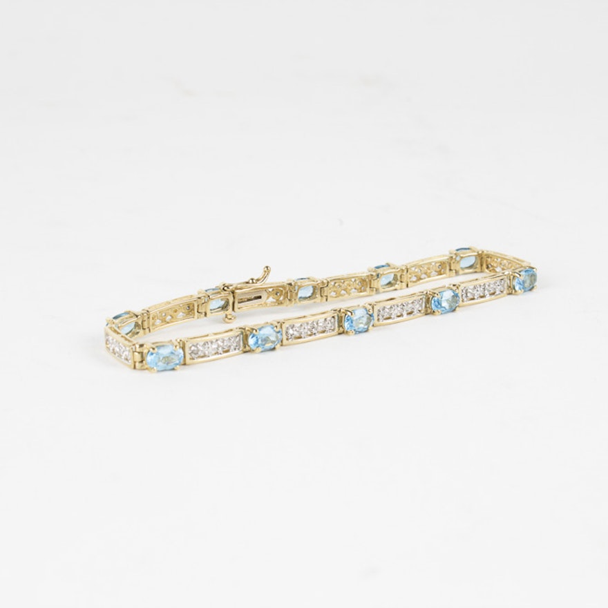 14K Yellow Gold Diamond and Blue Topaz Tennis Bracelet