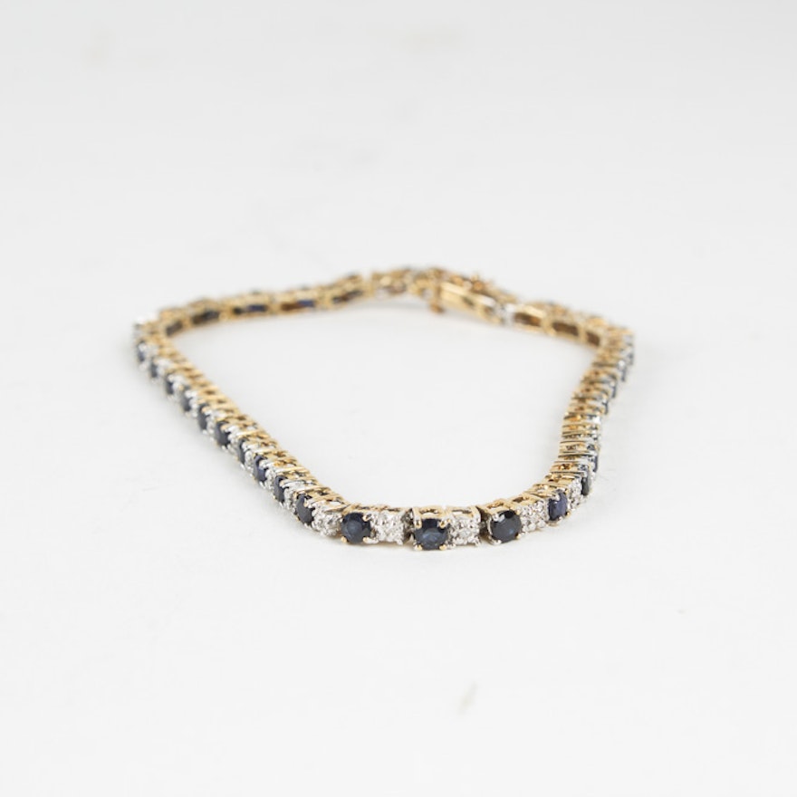 14K Yellow Gold Diamond and Sapphire Tennis Bracelet