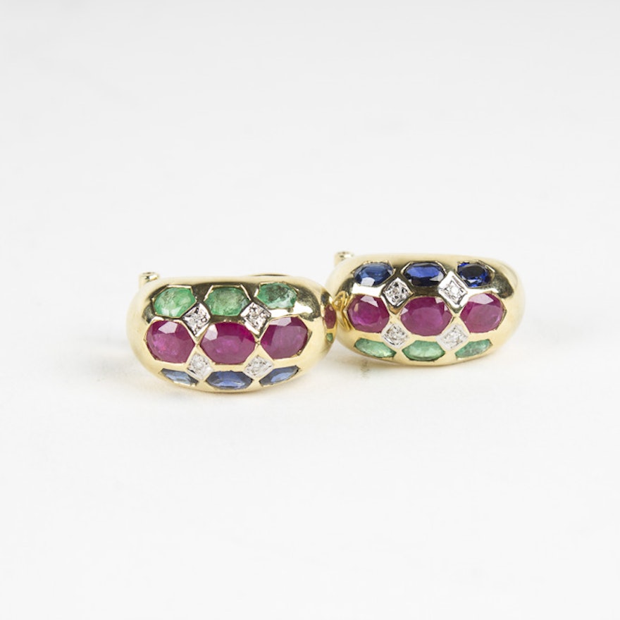 14K Yellow Gold Diamond, Sapphire, Emerald and Ruby Earrings by Le Vian