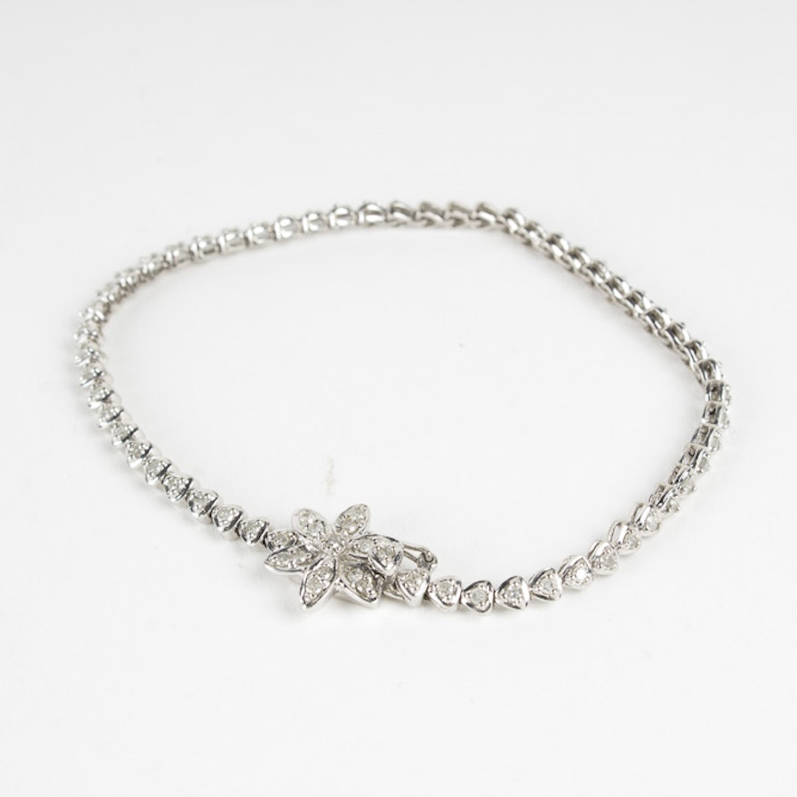 10K White Gold Diamond Flower Bracelet