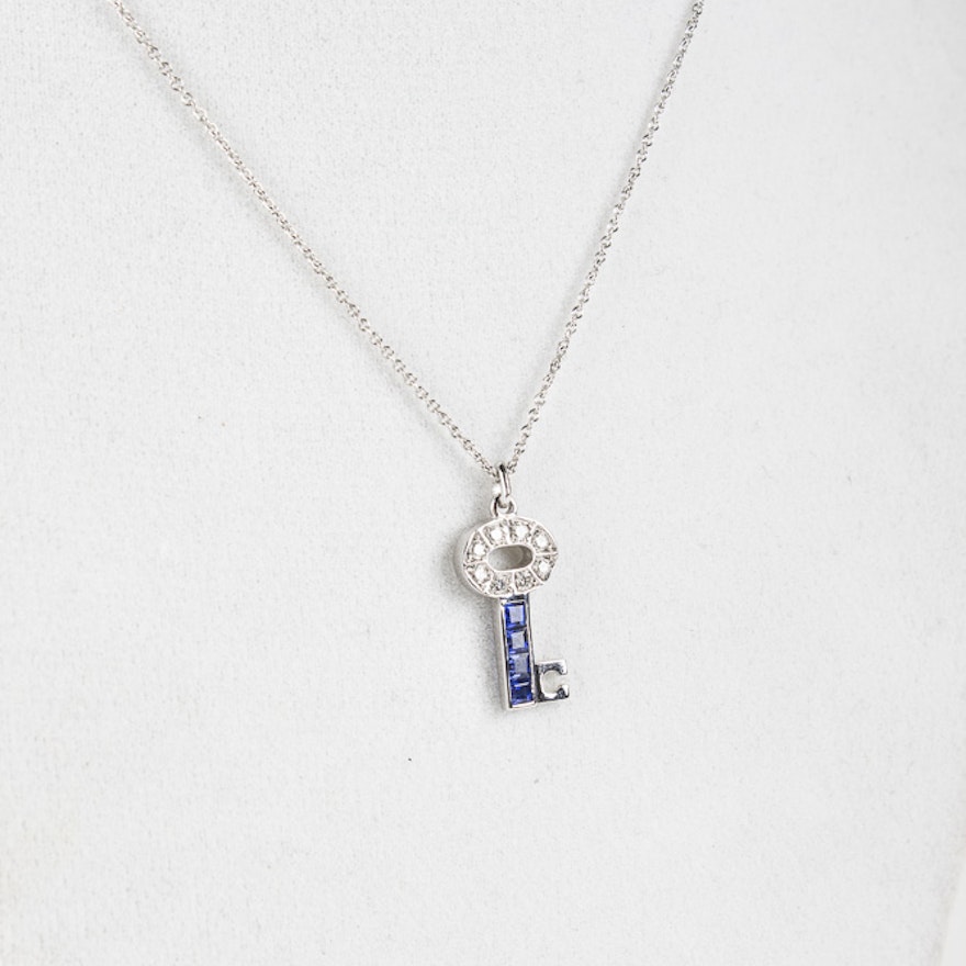 18K White Gold Diamond and Sapphire Key Necklace