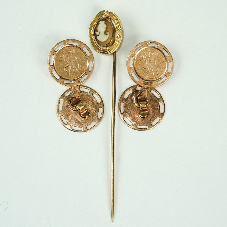 10K Gold Cufflinks and Cameo Pin