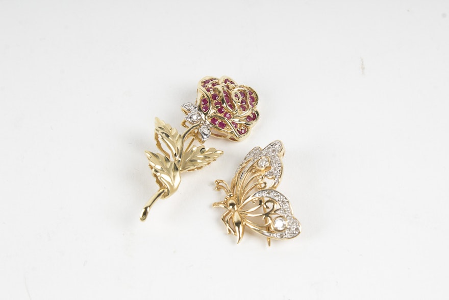 Pair of 14K Yellow Gold Diamond and Ruby Pins