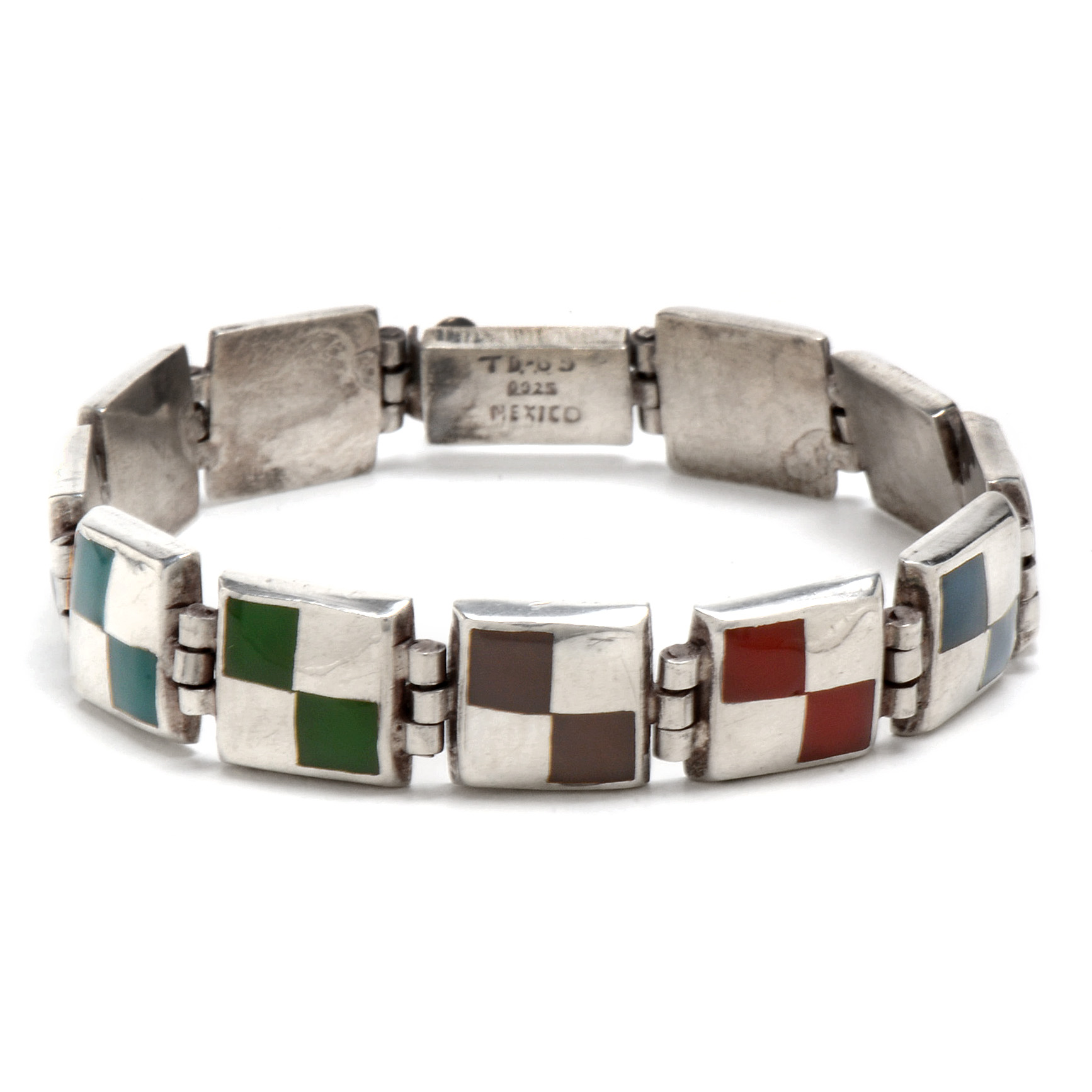 Vintage Mexican Sterling Silver and Inlaid Link Bracelet