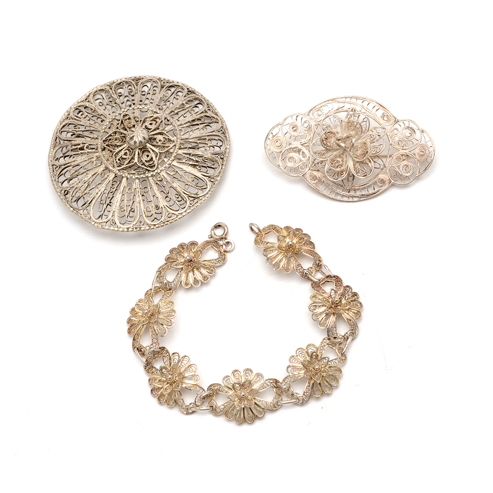 Sterling Silver Filigree Bracelet and Two Pins
