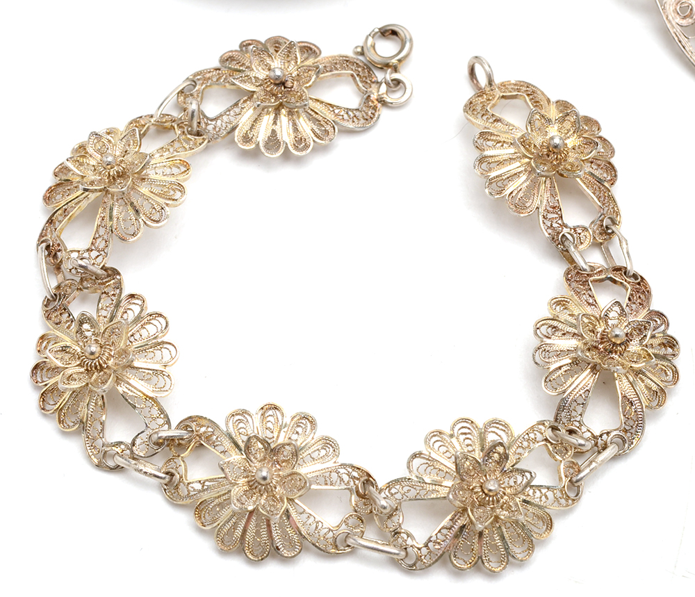 Sterling Silver Filigree Bracelet and Two Pins