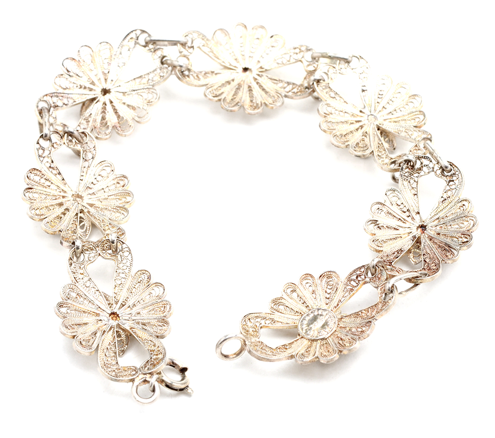 Sterling Silver Filigree Bracelet and Two Pins