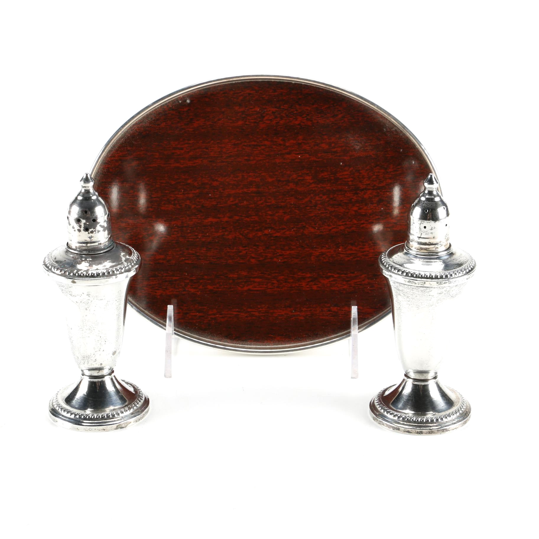 National Sterling Silver Salt and Pepper Shakers with Alvin Sterling Rim Tray