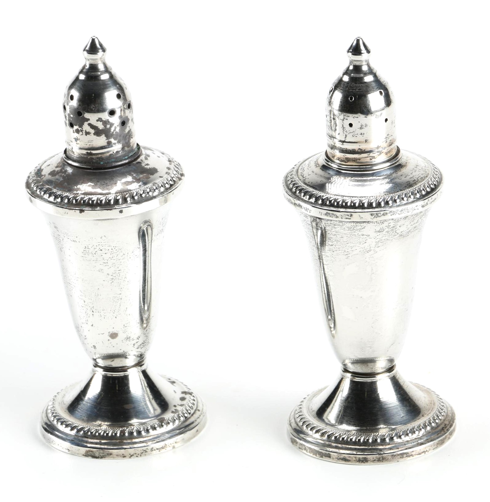 National Sterling Silver Salt and Pepper Shakers with Alvin Sterling Rim Tray