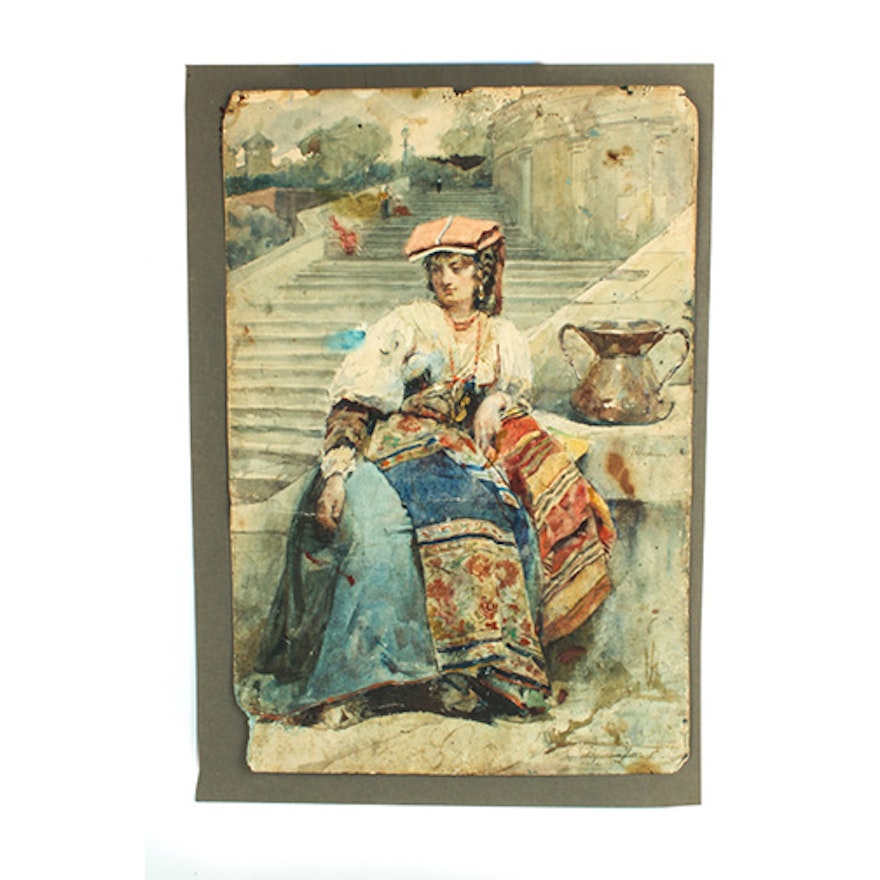 Watercolor of Woman on Paper by Alejandro Ferrant