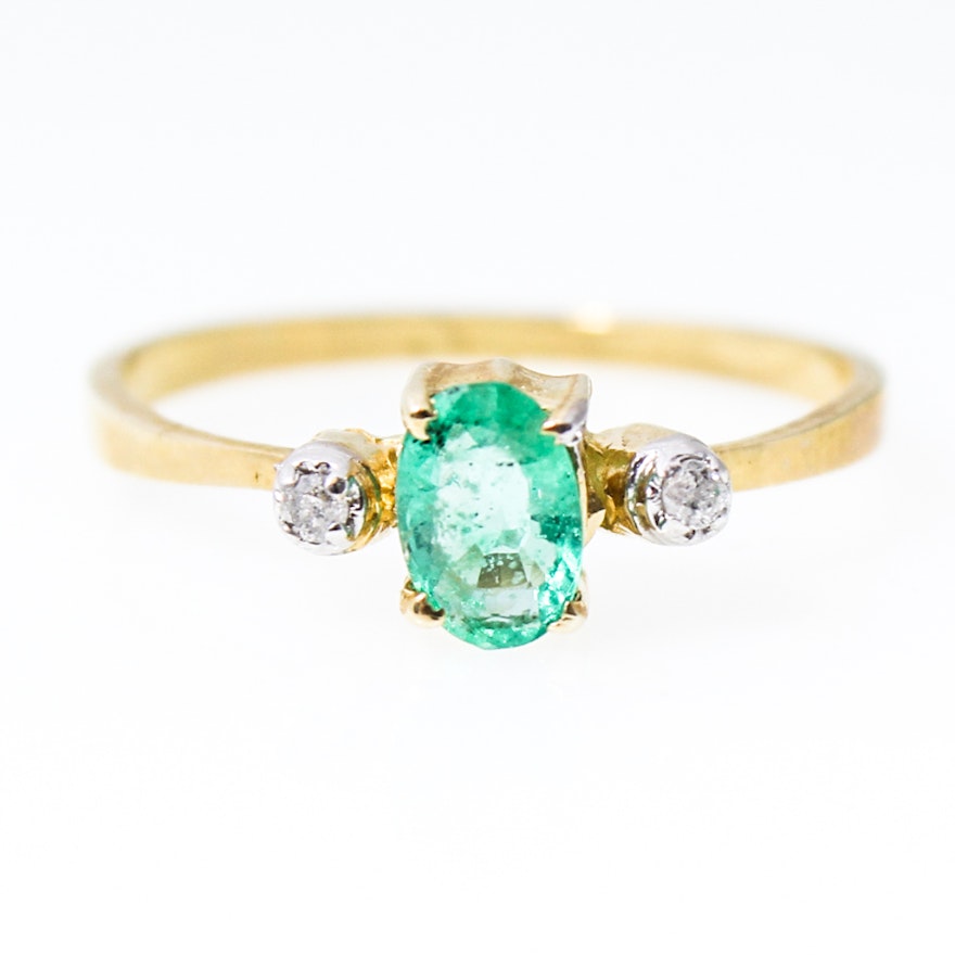 14K Yellow Gold Natural Emerald and Diamond Ring