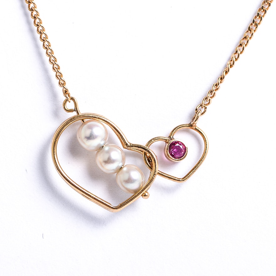 18K Yellow Gold, Pearl and Ruby Open Heart Necklace