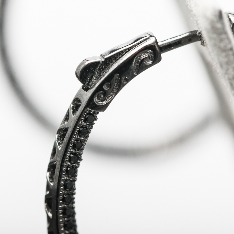 Sterling Silver and Synthetic Black Stone Hoop Earrings