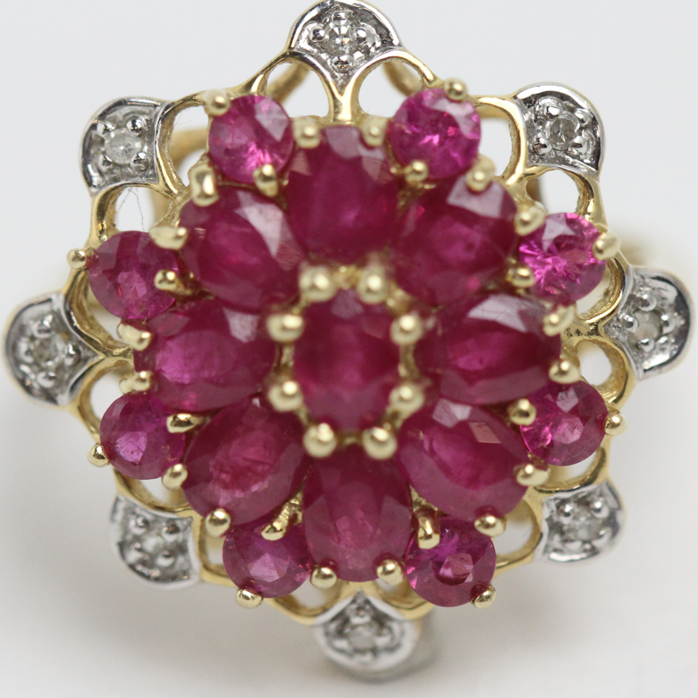 14K Yellow Gold, Ruby, and Diamond Cocktail Ring