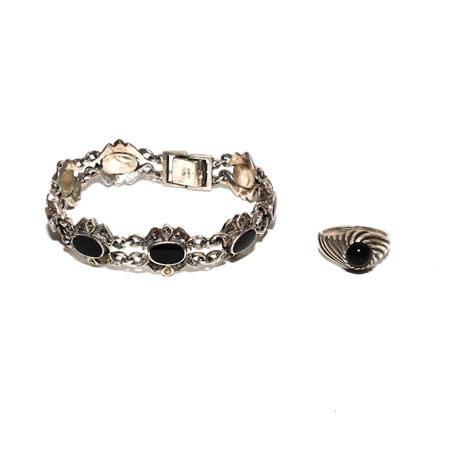 1970s Sterling Silver And Black Onyx Bracelet And Ring Set