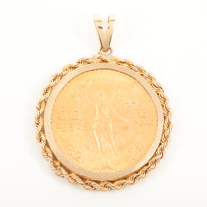 22K Yellow Gold 1821-1947 Mexican 50 Peso in 14K Yellow Gold Bezel Pendant