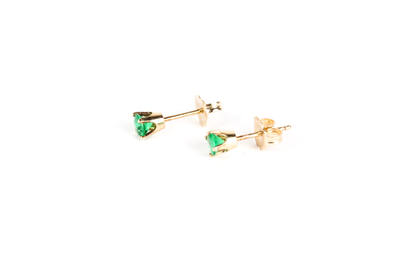 14K Yellow Gold and Green Glass Stud Earrings
