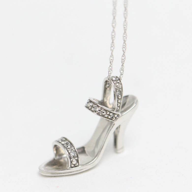10K White Gold and Diamond High Heel Pendant Necklace